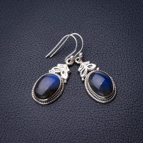 StarGems Natural Blue Fire Labradorite Handmade 925 Sterling Silver Earrings 1.5" D7715