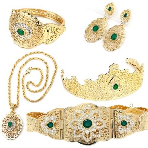 Sunspicems Elegent Bridal Wedding Jewelry Sets For Women Morocco Belt Bangle Earring Necklace Tiaras 5pcs Sets Gold Color Bijoux