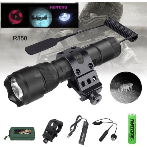Tactical IR 850nm/940nm LED Flashlight Night Vision IR Hunting Hog Fill Light+45° Rifle Scope Mount+Switch+18650+USB Charger+Box