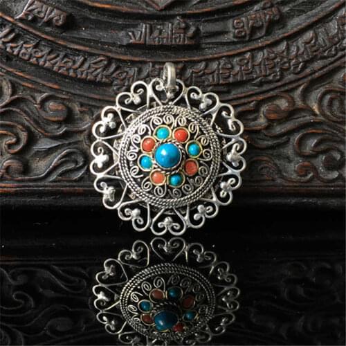 TBP231 Tibetan Pendants Nepal Vintage Hollow Heart Flower Charms Copper inlay Colorful beads
