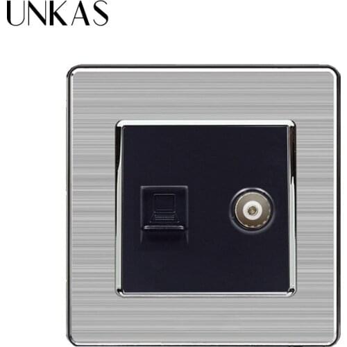 UNKAS 2Gang RJ45 Internet Data Computer Jack CAT5E Connector With Female TV Outlet Stainless Steel Brushed Panel Wall Socket