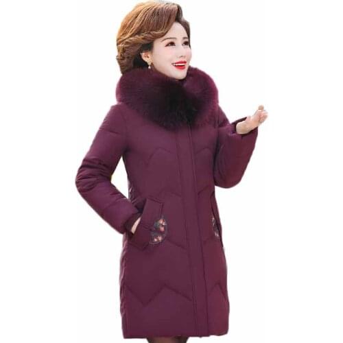 Womens Down Parkas 2020 New Winter Jacket Big Fur Coller Hooded Coat Middle-aged Female Cotton Padded Jacket Embroidered Tops