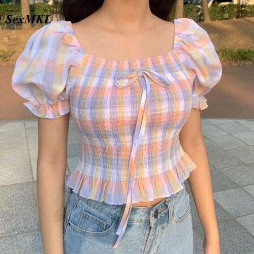 New Fashion Puff Sleeve Plaid Ladies Tops 2021 Summer Vintage Corset Top Blouse Women Slim Sexy Crop Chiffon Shirts Blusas Mujer
