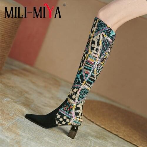 MILI-MIYA New Fashion Rhinestone Block Heels Women Kid Suede Sexy Pointed Toe Sequins Color Embroidery Shiny Knee High Boots