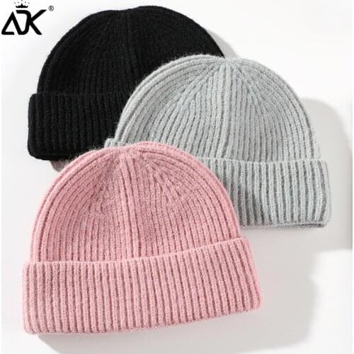 Winter Hat Wool Brimless Cap Soft New Solid Beanies Knitted Skullies Hat Unisex Solid Colors Cuffed Warm Bonnet Ski Cap