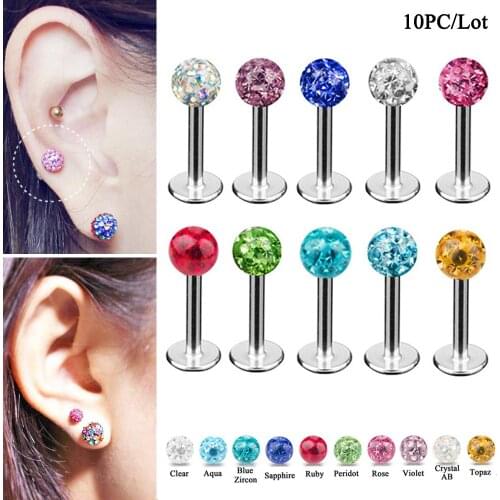 10PC Titanium Steel Epoxy Crystal Ball Labret Lip Stud Ferido Ball CZ Gem Ball Ear Cartilage Tragus Piercing Stud Body Jewelry