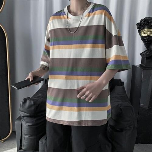 2021 Summer New Men stripe Splicing T-shirt male ins Comfortable Loose Short sleeve T-shirt Tops XXL