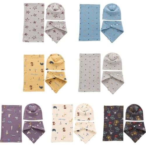 3Pcs/Set Cotton Baby Hat Set Cartoon Print Flowers Print Cap Scarf for Boys Girls Autumn Winter Infant Hats Baby Cap Bib 69HE