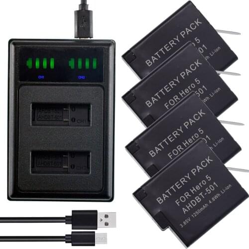 4X AHDBT-501 Li-ion Battery Pack + LED USB Dual Charger for GoPro Hero6 Hero5 Hero7 HD Black Silver Action Camera