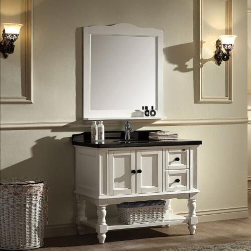 White bathroom vanity combo undermount single sink black countertop 2 doors and 2 drawers bathroom cabinet include mirror