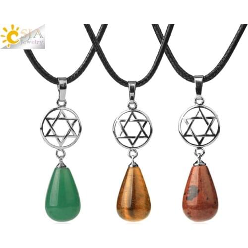 CSJA Water Drop Pendant Necklace for Women Natural Gem Stone Pink Quartz Crystal Blue Sand Green Aventurine Reiki Healing G746