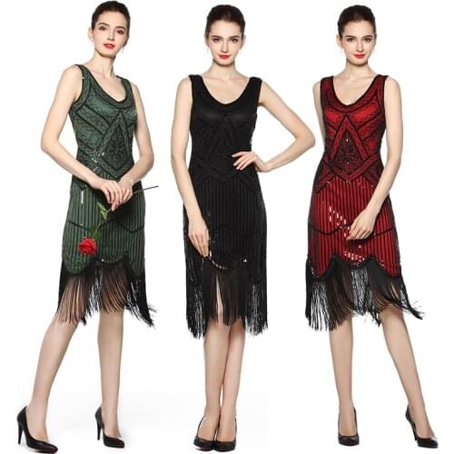 Women 1920s Great Gatsby Flapper Fringe Style Dress Vintage Summer Art Deco Dresses Sequin Embellished Party Dresses Sleeveless