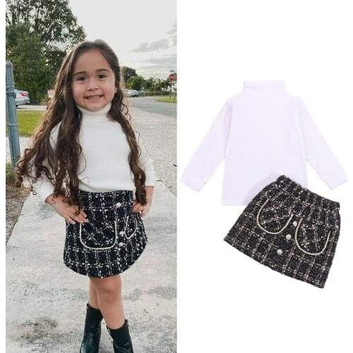 FOCUSNORM 1-6Y Autumn Infant Girls 2pcs Sets Solid Knit Long Sleeve Turtleneck Sweater+Plaid Mini Skirts Clothes