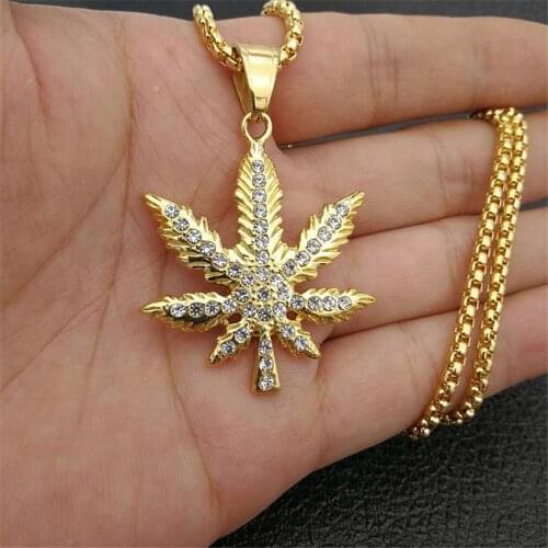 Hiphop Iced Out Bling Hemp Leaf Pendant With Stainless Steel Chain Gold Color Golden Neck Necklace Hippie Jewelry Dropshipping