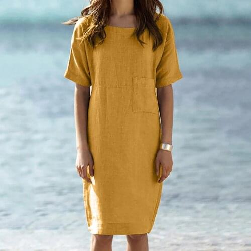Cotton Linen Women Dresses Short Sleeve Pocket Solid Color Beach Casual Dress Plus Size Women Summer Sundress Vestidos De Verano