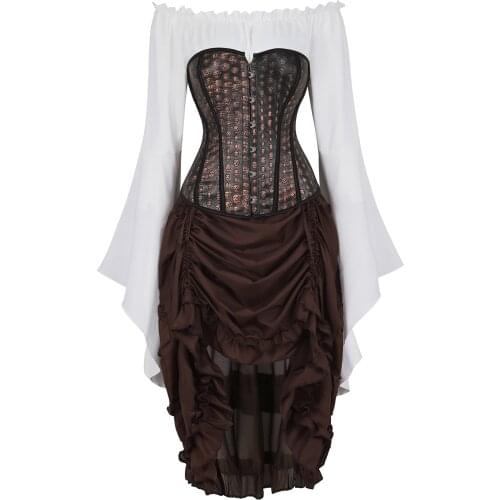 Corset Bustier with Pirate Skirt and Blouse Rockabilly Skull Cosplay Boned Corsetto 3 Piece Costumes Steampunk Carnival Party