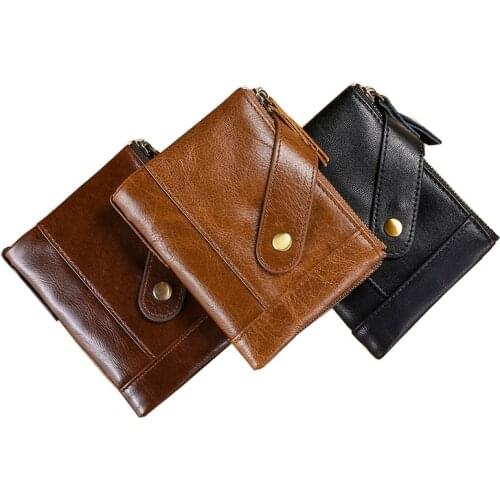 Vertical Zipper Snap Short RFID Blocking Mens Wallet Genuine Leather Coin Purse Bag Wallet Business Card Holder Man