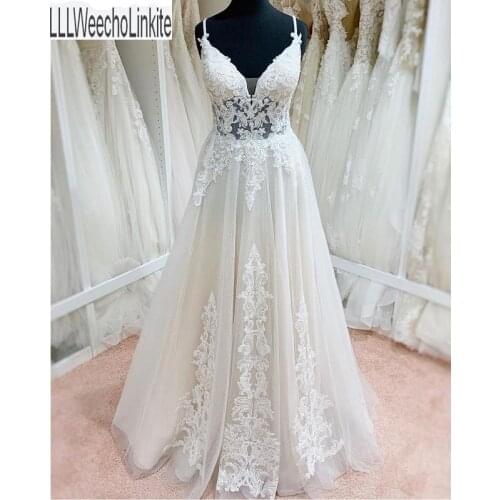 Ivory Lace Tulle A-Line Wedding Dresses Chapel Train Floor-Length Spaghetti Straps Sleeveless Bridal Gowns Custom Made