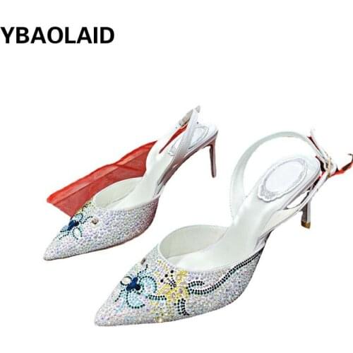 Summer New Pointed Toe Silk Rhinestones with Sexy Stiletto Sandals Baotou Colored Diamonds Flashing Silver High-heeled Shoes