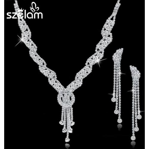 Szelam Femme Rhinestone Wedding Jewelry Sets Bridal Women Long Tassel Necklace Earrings Jewellery Set Accessories SET150067