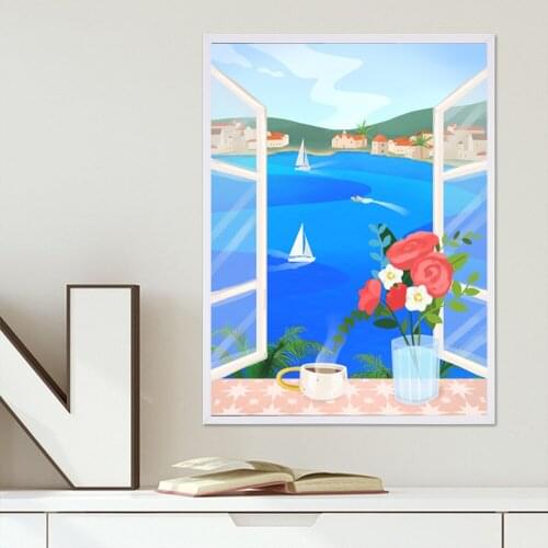 Seaview Wall Art Picture, Ocean Canvas Painting Summer Poster, Vis Island Croatia,Modern Blue Home Decor