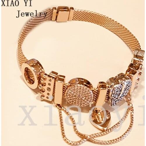 XIAOYI 2020 New 100% S925 Heart-shaped safety chain leaves Crown crown ring Zircon Fashion bracelet gift female beautiful