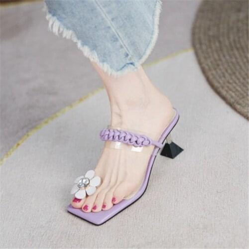 PXELENA Hot Lovely Flower Transparent Women Genuine Leather Slides Outdoor Strange High Heels Modern Slippers 2021 Summer Purple