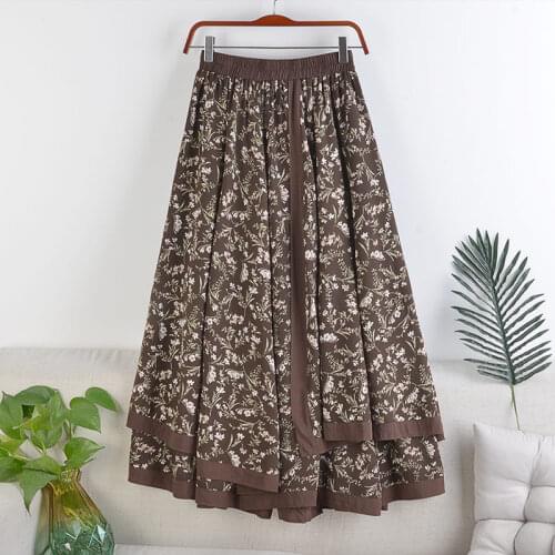 New Retro Floral Skirt High Waisted A-Line Large Swing Fake Two- Piece Stitching Mid-Length Skirt Spring Autumn Women Saia y1333