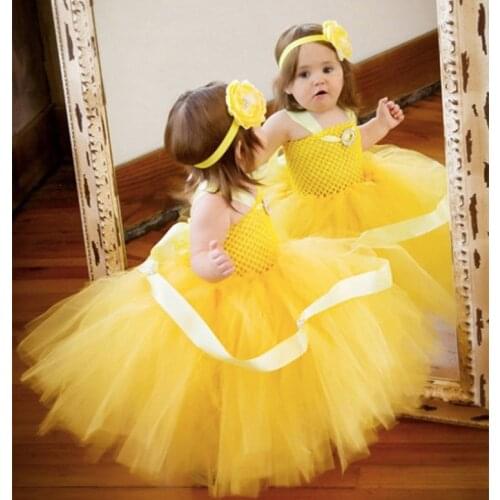 Girls Yellow Crochet Tutu Dress Baby Fluffy Tulle Strap Dress Ball Gown with Flower Headband Kids Cosplay Clothes Princess Dress