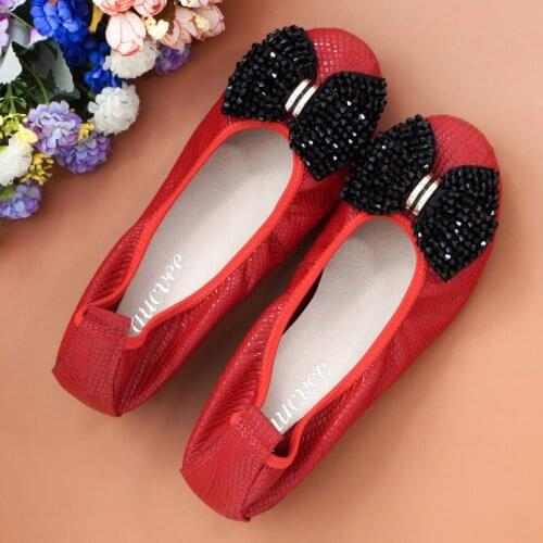 String Beading Bow Ballet Flat Shoes For Woman Classic Slip On Ballerina Shoes Genuine Leather Flat Shoes Women Loafer Big Size
