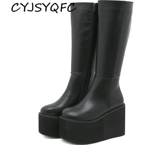 CYJSYQFC Punk Style Women Autumn Winter Boots Elastic Microfiber Shoes Round Toe Side Zip Wedges Platform Long Knee High Booties