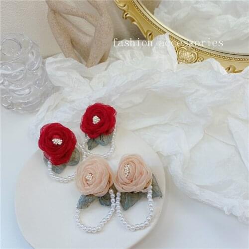 Sweet Fabric Flowers Pearl Dangle Earrings for Women Korean Fashion Tassel Earring Trendy Jewelry Statement Accessories
