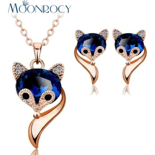 MOONROCY Rose Gold Color Fox Animal Blue Crystal Necklace and Earring Choker Crystal Jewelry Set Drop Shipping for Women Gift