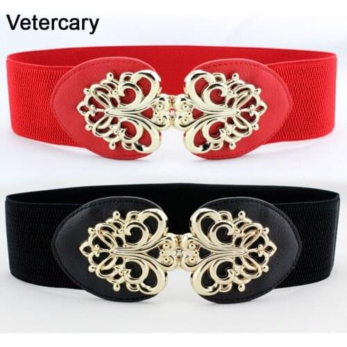 New fashion Design Belt For Women gold hollow Buckle Wide Elastic cummerbunds Stretch Waistband Female PU Leather Joker strap