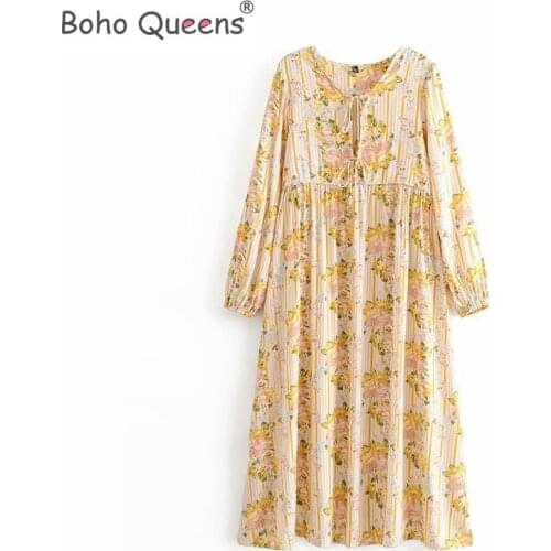 Boho Queens women long sleeve floral print beach Bohemian midi dress Ladies lace-up rayon happie Boho dress vestidos