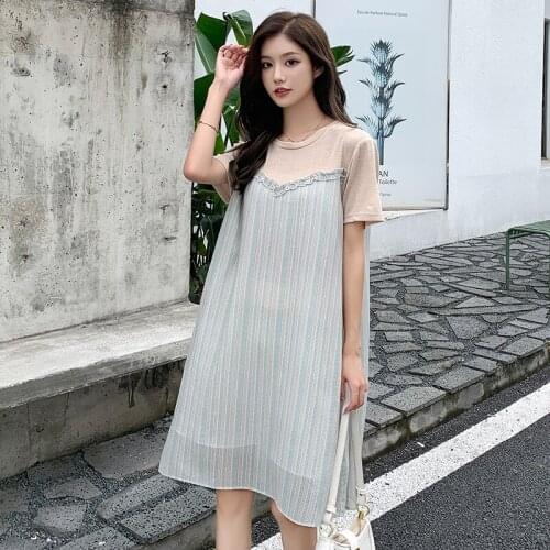 22253# Maternity Clothes Summer Chiffon Short Sleeves Loose Stylish A Line Dress Pregnant Women Mom Dress