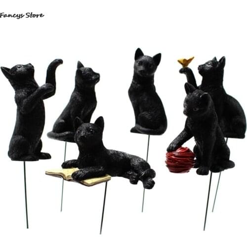 6 Pieces Of Witchs Black Cat Resin Research Fluorescent Garden Ornaments Bonsai Plug-in Desktop Decor Cat Reading Book Play Ball