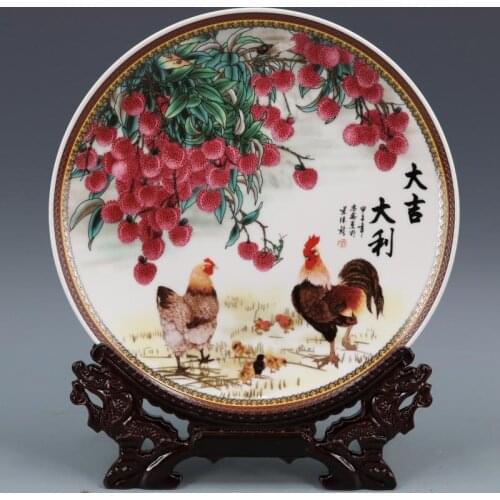 Antique Chinese Collection Pastel Ceramics Porcelain painted auspicious cock chicken Plate Placed With bracket
