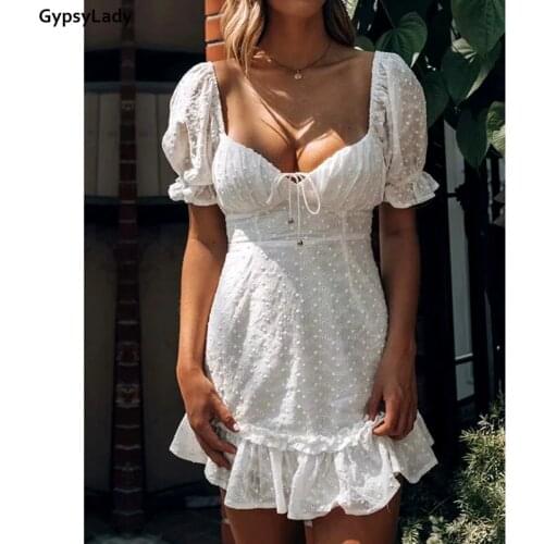 GypsyLady White Lace Mini Dress Cotton Sexy Chic Holiday Women Dress Ruffles Eyelet Sheer Sexy Ladies Female Chic Dresses 2021