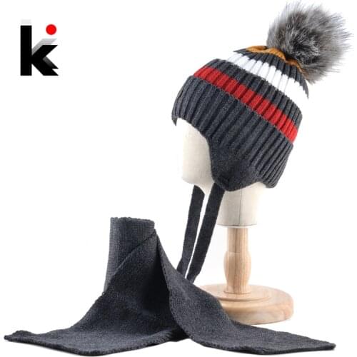 Children Warm Hat And Scarf Sets Winter Ear Flap Cap Boys Girls Knitted Colorful Stripe Beanies Kids Faux Fur Pompom Thick Gorro