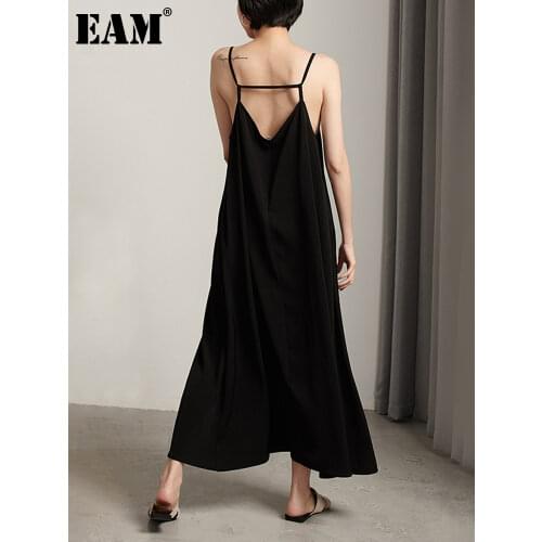 [EAM] 2021 New Spring Summer V-Neck Sleeveless Cross Bandage Backless Loose Long Temperament Dress Women Fashion Tide JW174
