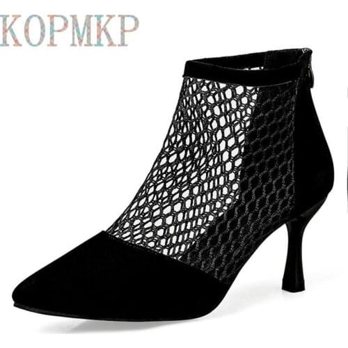 Summer Women High Heels Sexy Fishnet Ankle Boots Heels Suede Heels Pointed Toe Cool Sandals Boots Thin Heels Women Casual Shoes