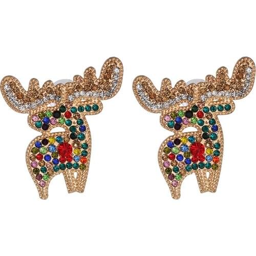 Cute Colorful Red Rhinestone Deer Stud Earrings For Women Girls Gold Color Animal Earrings Lovely Christmas Earrings