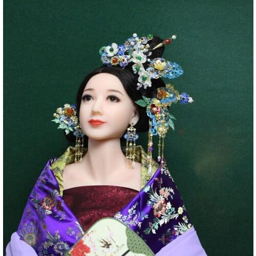 Ancient Chinese Tang Dynasty Luxuous Empress Hair Accessory Set Blue Cloisonne Tian Cui Hair Sticks Hair Jewelry Set