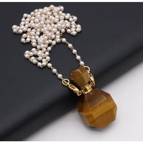 Natural Tiger Eye Stones Pendant Necklace Fine Essential oil Diffuser Perfume Bottle Necklace Pearl Chain for Women Jewerly