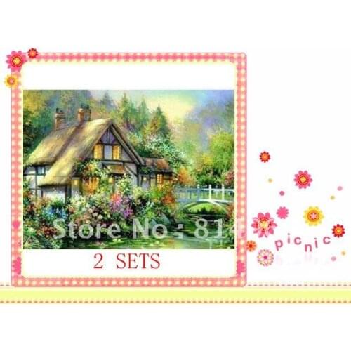 Embroidery Package 2 Pieces (1 lot=2 pieces) Luxurious Summer Afternoon Top Grade Flowers Plants Tree Cabin Cross Stitch