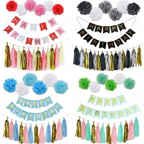 Happy Birthday Bunting Banner Multicolor Tissue Paper Flower Tassel Set Garland Birthday Party Favor DIY Decoration Baby Shower
