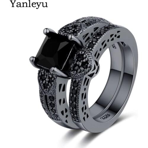 Yanleyu Luxury 2pcs Black Gold Filled Rings Sets Princess Heart Black Cubic Zircon Trendy Wedding Party Jewelry Ring Women PR059