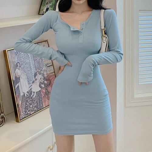Sexy Women Solid Color Long Sleeve Buttons Elastic Knitted Bodycon Mini Dress