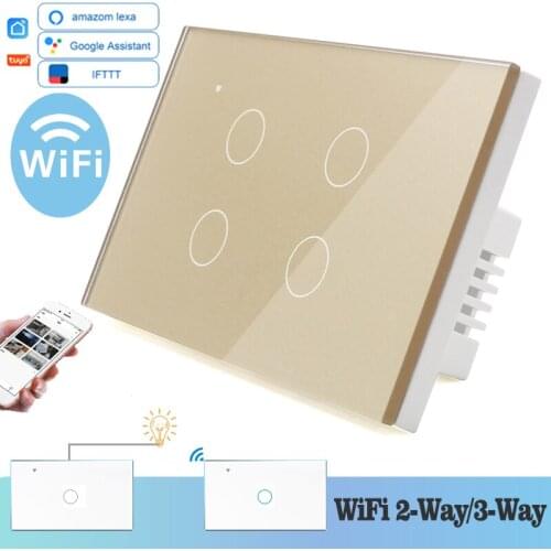 WIFI Touch Light Wall Switch Gold Glass Blue LED 118*72mm Smart Home Phone Control 4Gang 2Way Round Alexa Google Home Alice